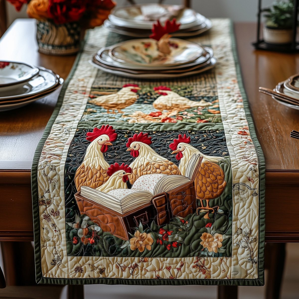 Roosters Perched on Open Book Table Runner - Made to Order TABLE928