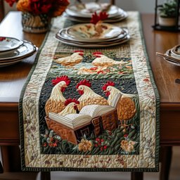 Roosters Perched on Open Book Table Runner - Made to Order TABLE928