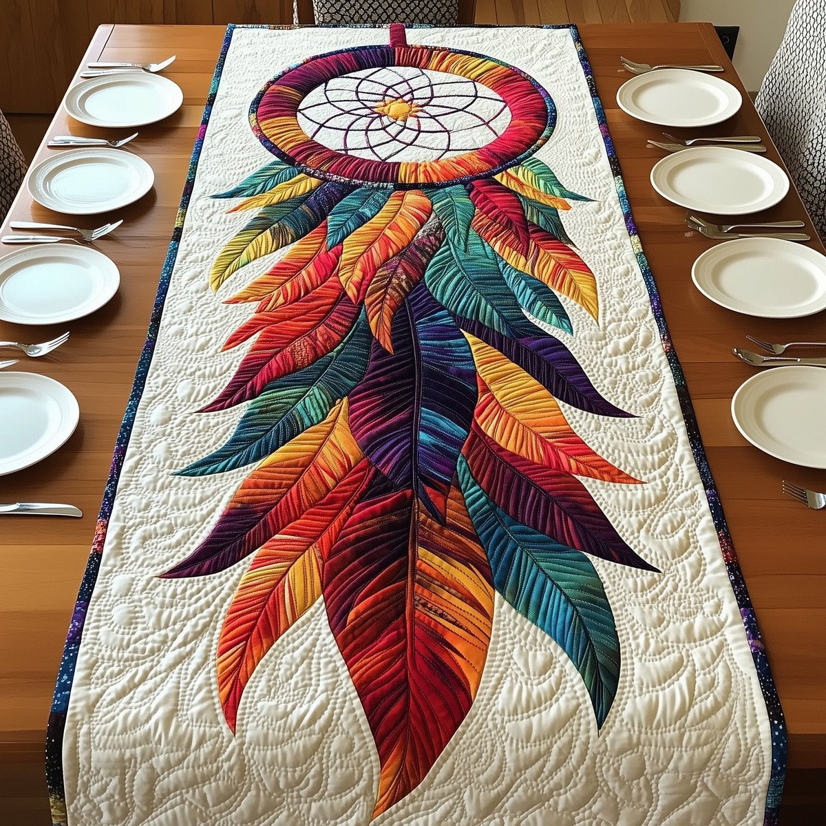 Red and Orange Feathers on Cream Table Runner - Made to Order TABLE928