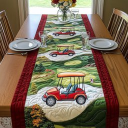 Red Cart Beside Golf Green Table Runner - Made to Order TABLE928