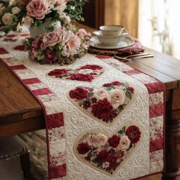 Rose Hearts on Red Check Border Table Runner - Made to Order TABLE928