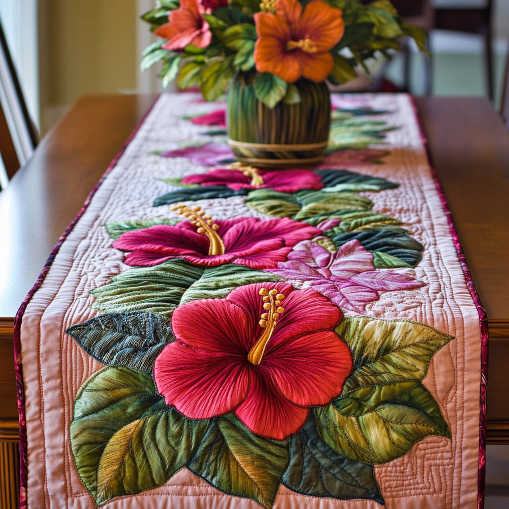Red Hibiscus on Cream Ground Table Runner - Made to Order TABLE928