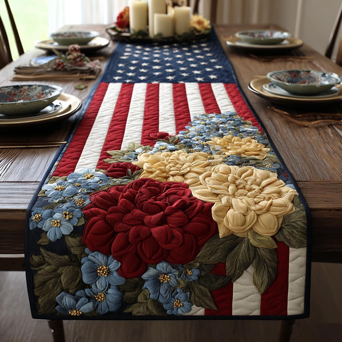 Red and Cream Roses on the Flag Table Runner - Made to Order TABLE928