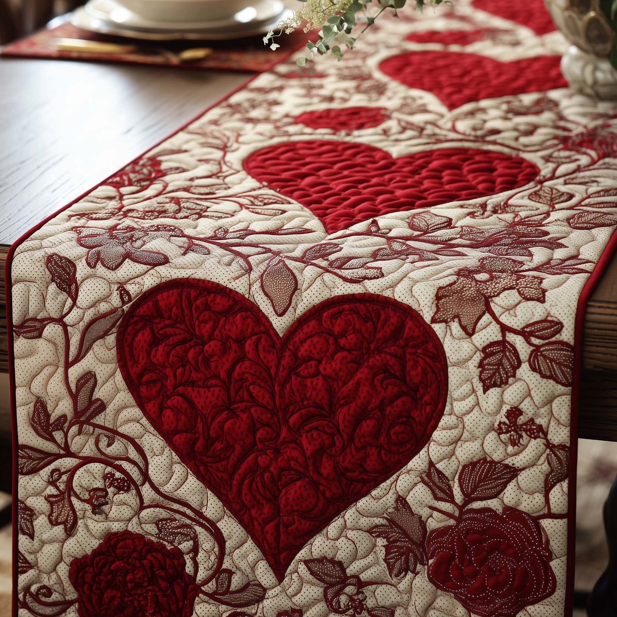 Red Hearts on Vine Scrolls Table Runner - Made to Order TABLE928