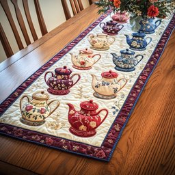 Red and Cream Teapots on Burgundy Table Runner - Made to Order TABLE928