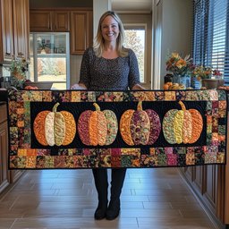 Row of Striped Pumpkins on Black Table Runner - Made to Order TABLE928