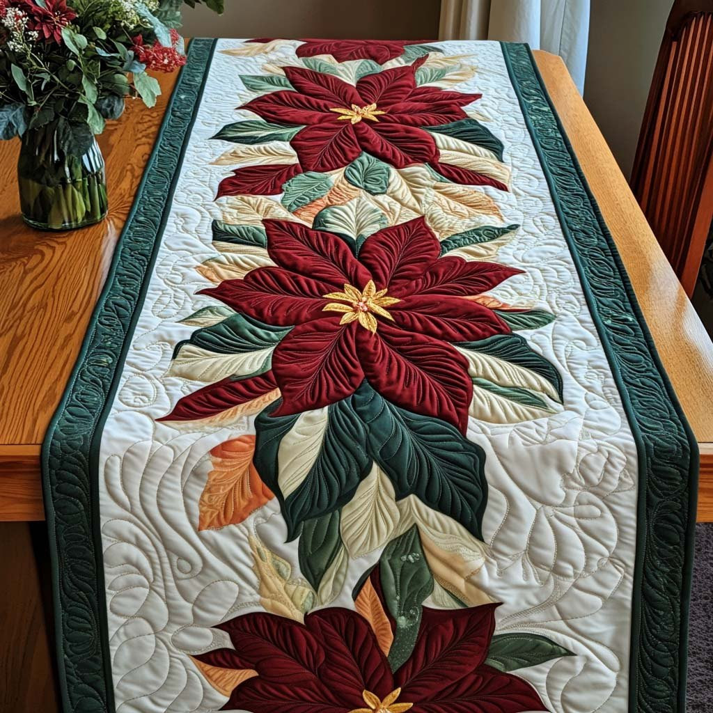 Red Poinsettias with Green Border Table Runner - Made to Order TABLE928