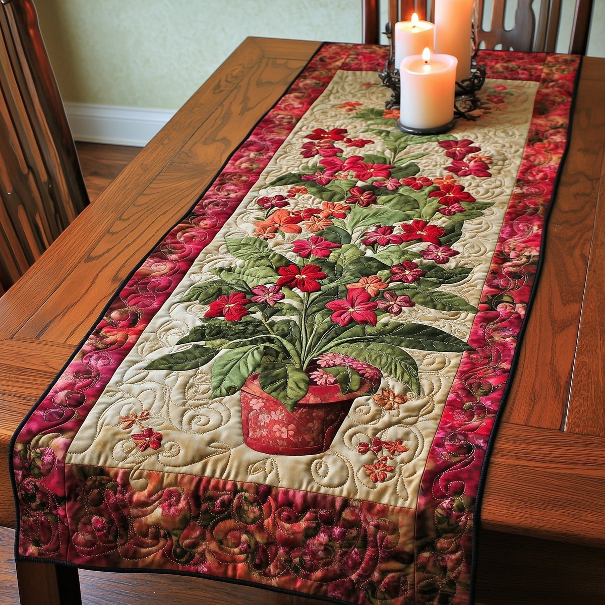 Red Geraniums in a Clay Pot Table Runner - Made to Order TABLE928