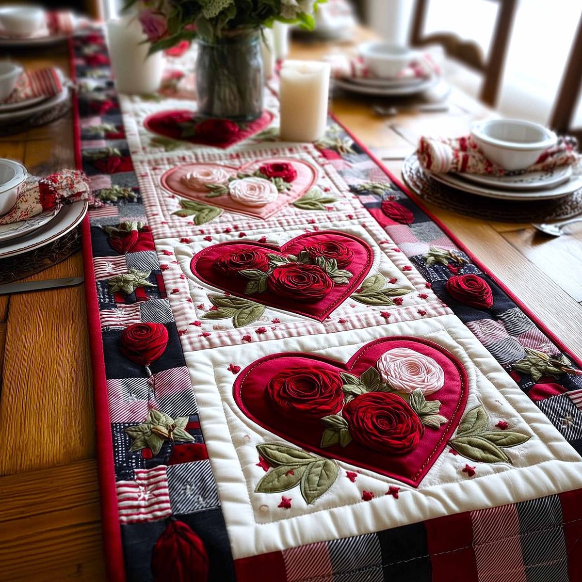 Red Roses in Hearts on Buffalo Check Table Runner - Made to Order TABLE928