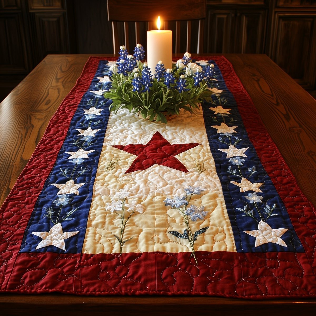 Red Star on Cream Panel Table Runner - Made to Order TABLE928