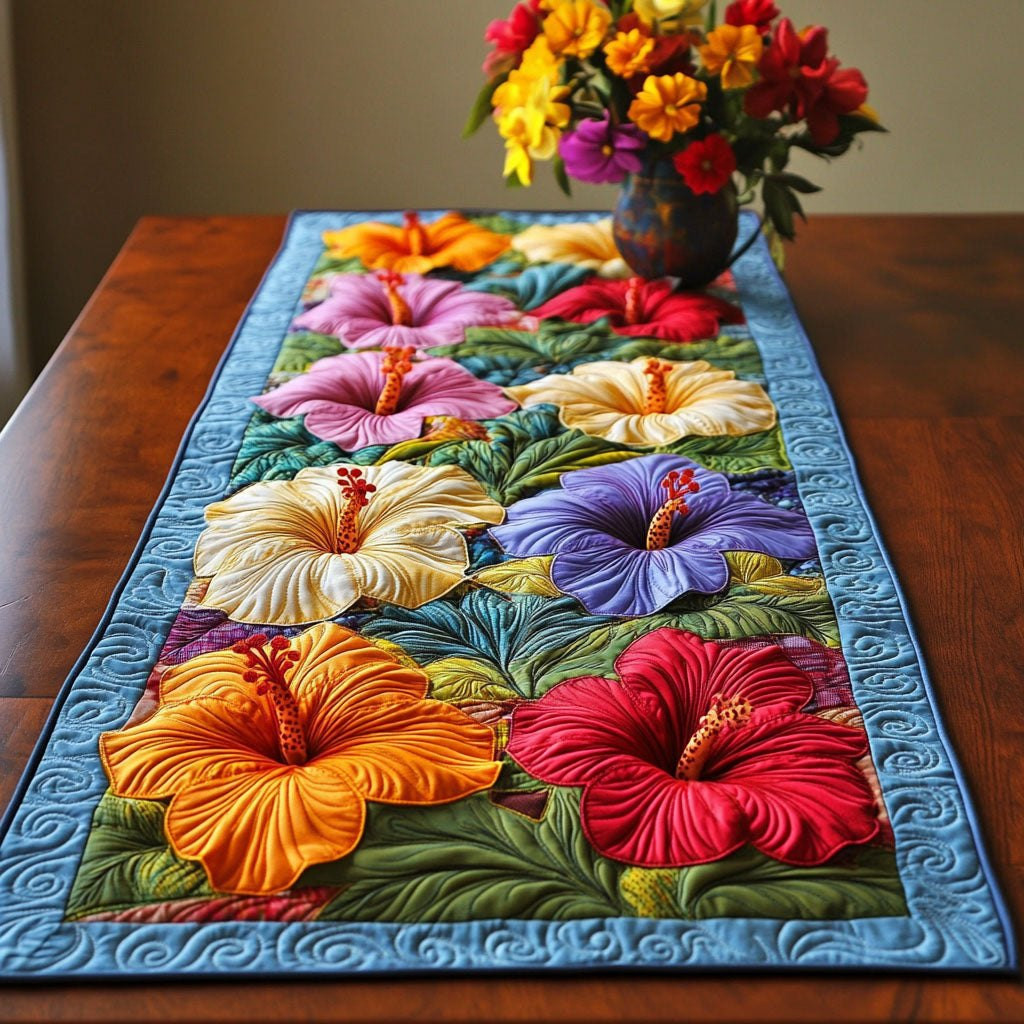 Row of Hibiscus on Blue Table Runner - Made to Order TABLE928