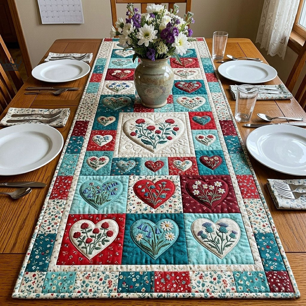 Red and Teal Floral Hearts Table Runner - Made to Order TABLE928