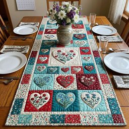 Red and Teal Floral Hearts Table Runner - Made to Order TABLE928