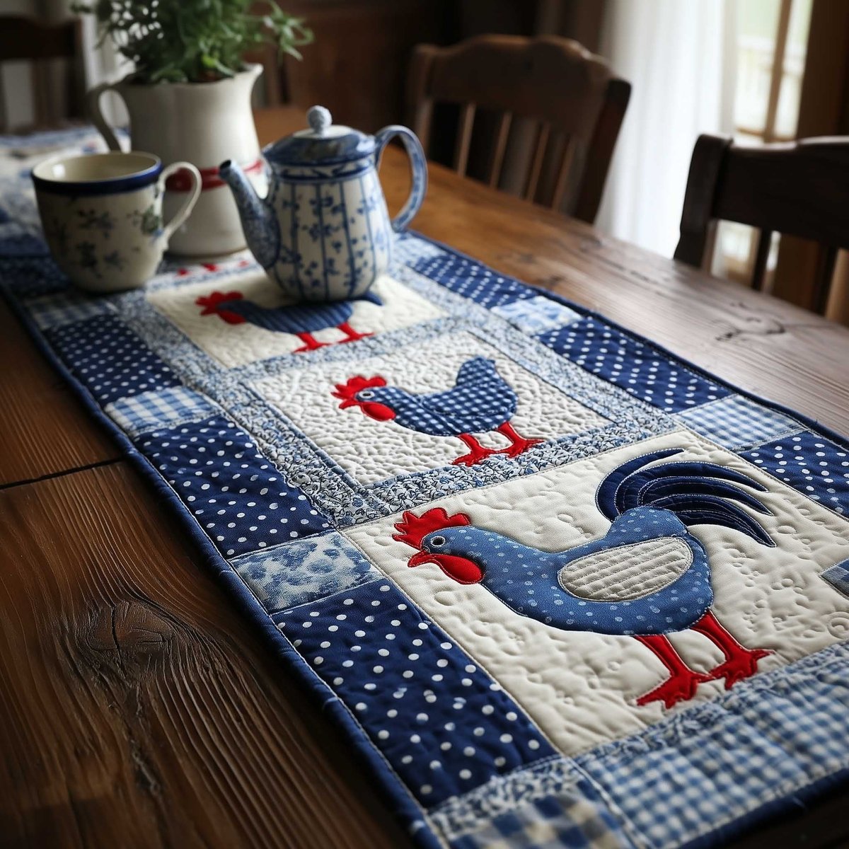 Red Roosters on Blue Gingham Table Runner - Made to Order TABLE928