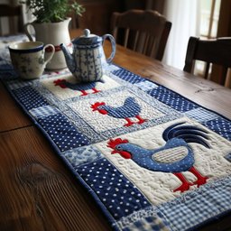 Red Roosters on Blue Gingham Table Runner - Made to Order TABLE928