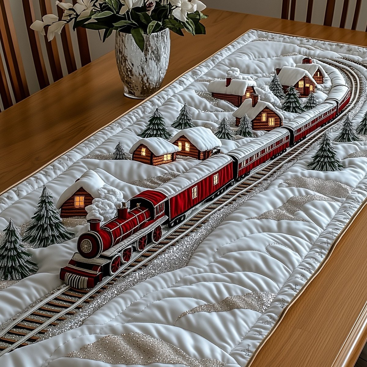 Red Train Passing Snowy Cottages Table Runner - Made to Order TABLE928