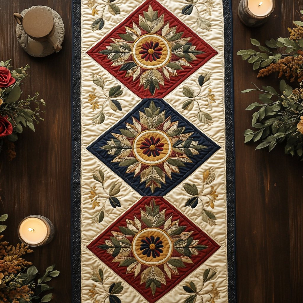 Red and Navy Diamond Medallions Table Runner - Made to Order TABLE928