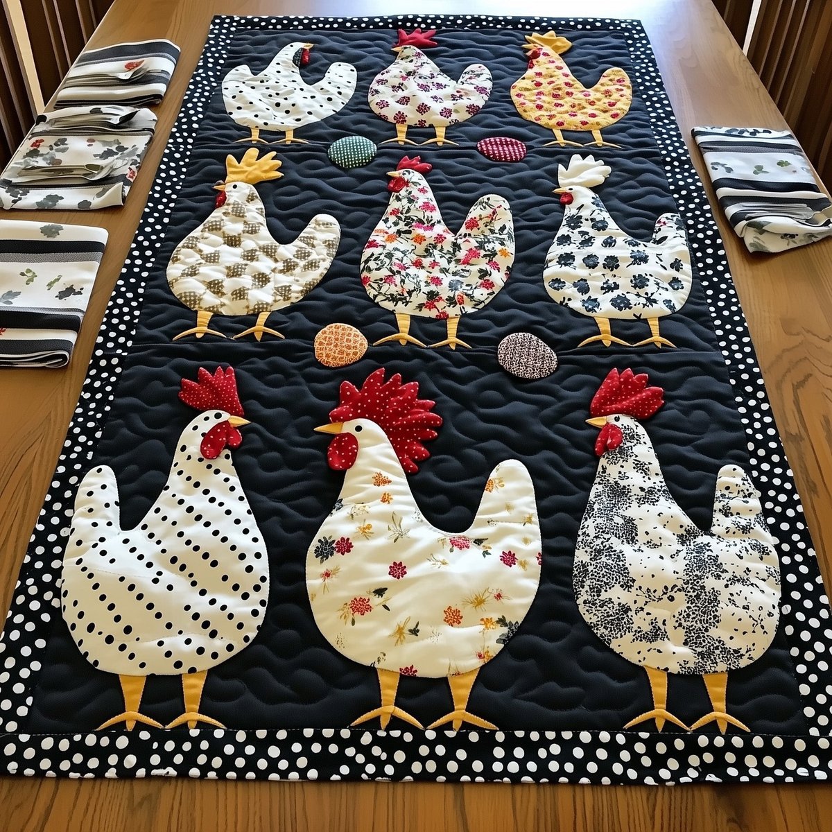 Rows of Patterned White Chickens Table Runner - Made to Order TABLE928