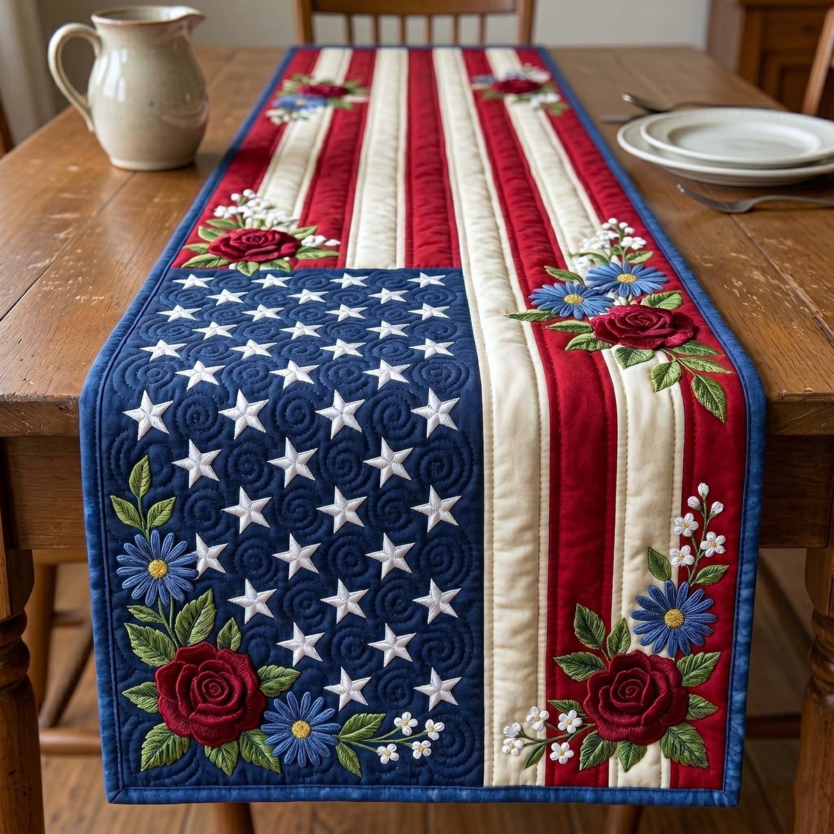 Red Roses on Stars and Stripes Table Runner - Made to Order TABLE928