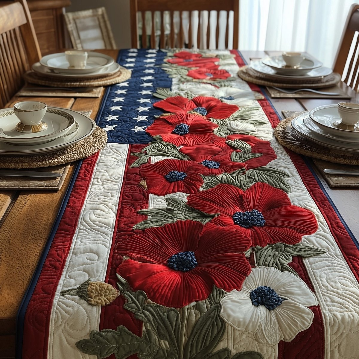 Red Poppies on Stars and Stripes Table Runner - Made to Order TABLE928