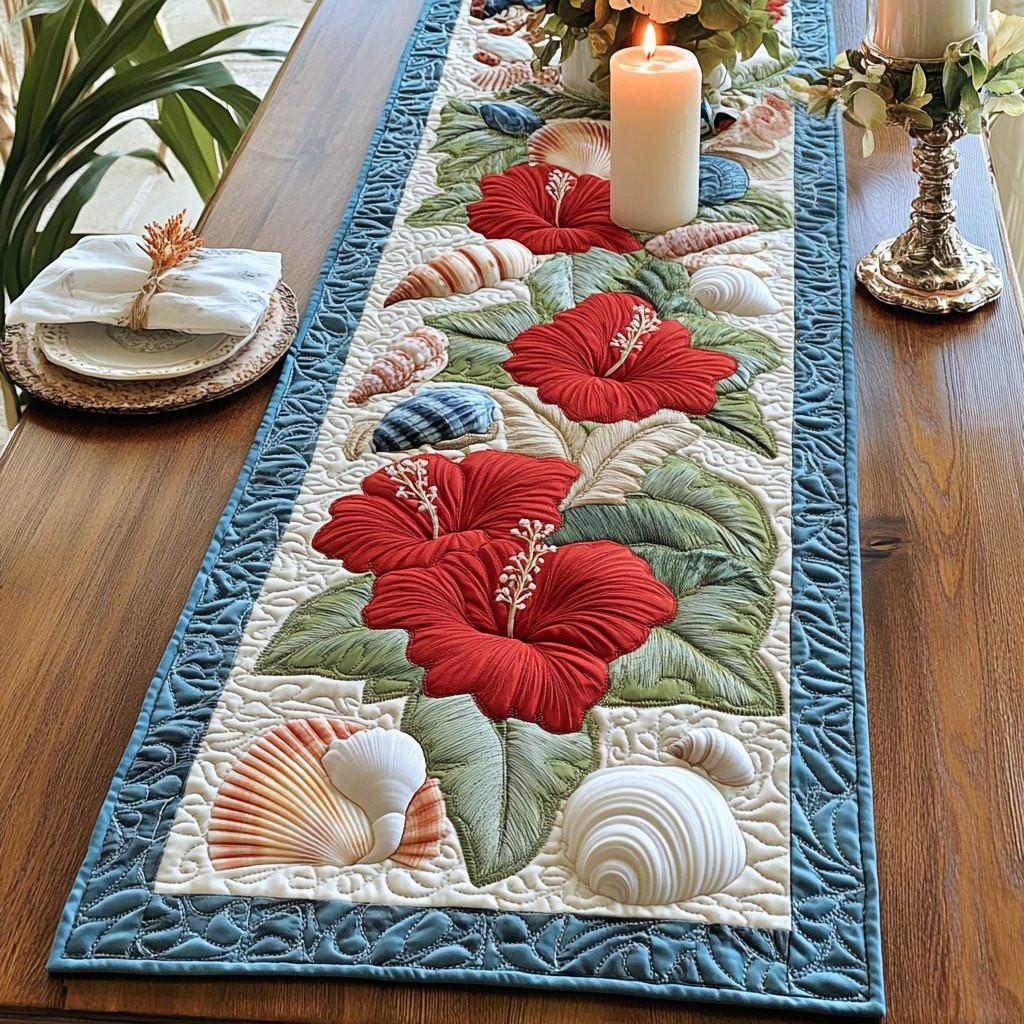 Red Hibiscus with Shells on Blue Table Runner - Made to Order TABLE928