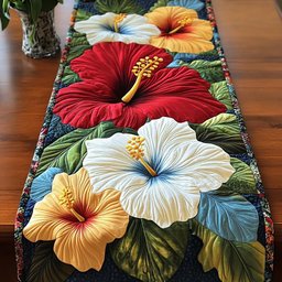 Red and White Hibiscus Blooms Table Runner - Made to Order TABLE928