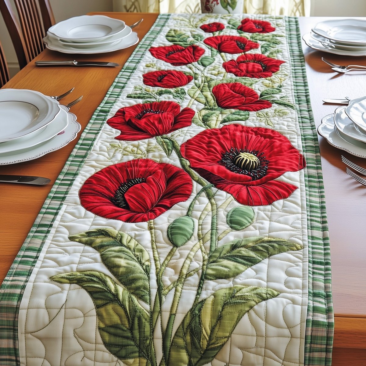 Red Poppies on Cream Panel Table Runner - Made to Order TABLE928