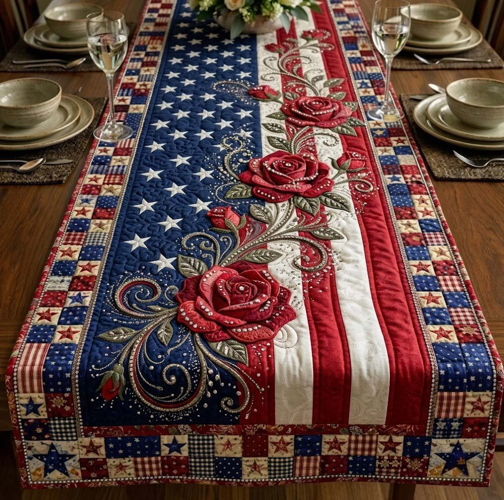 Red Roses with Stars and Stripes Table Runner - Made to Order TABLE928