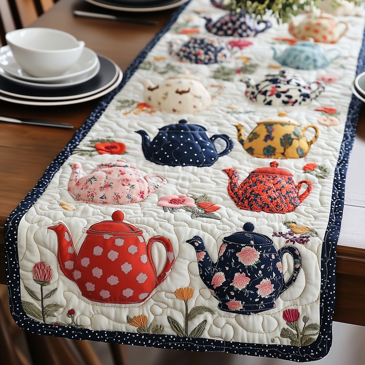 Red and Navy Teapots on Cream Table Runner - Made to Order TABLE928