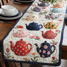 Red and Navy Teapots on Cream Table Runner - Made to Order TABLE928