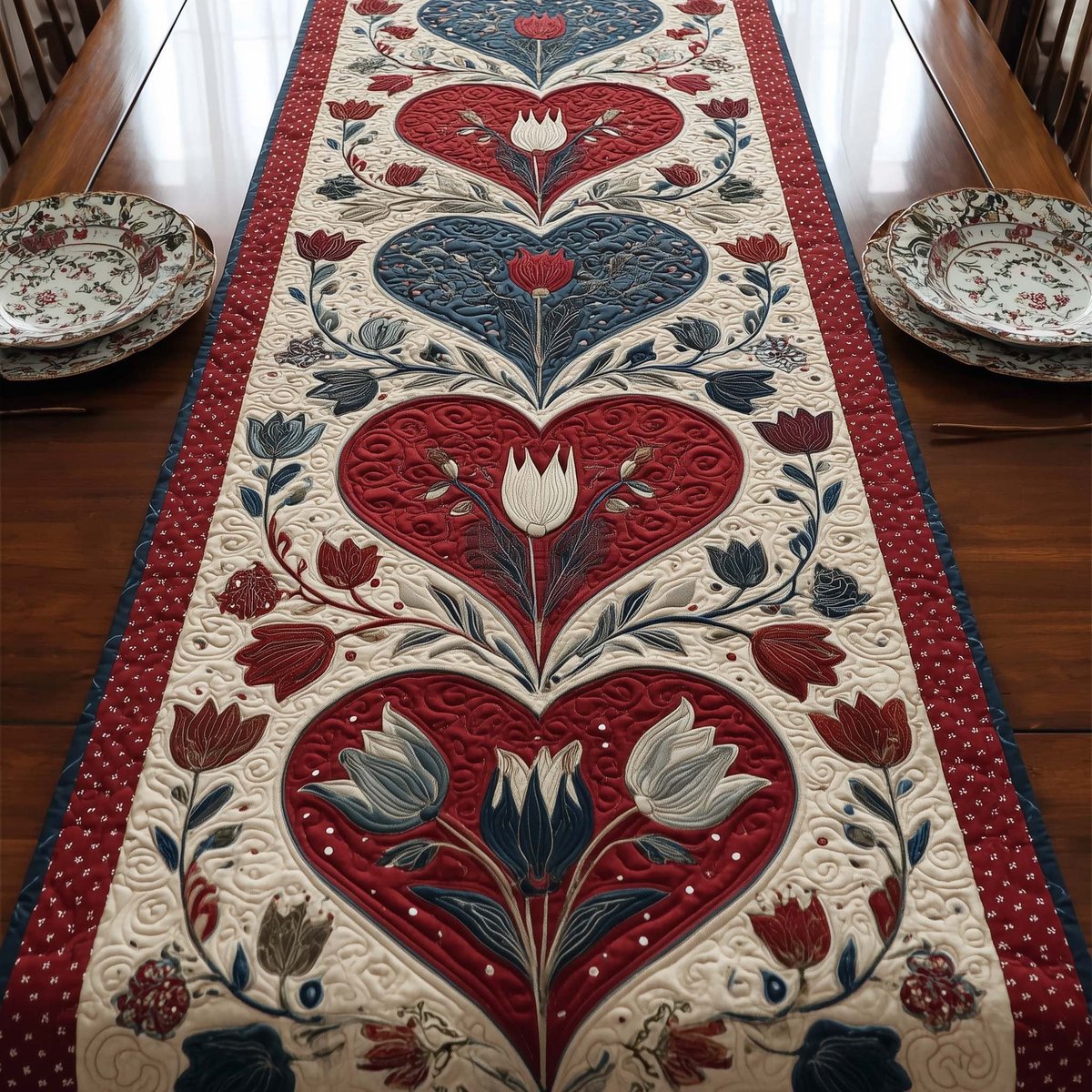 Red Heart with Folk Tulips Table Runner - Made to Order TABLE928