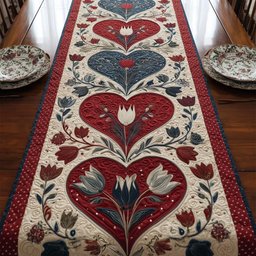 Red Heart with Folk Tulips Table Runner - Made to Order TABLE928