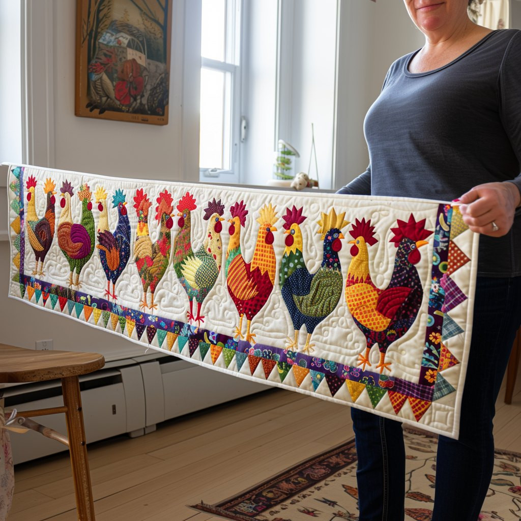Row of Folk Roosters on Cream Table Runner - Made to Order TABLE928