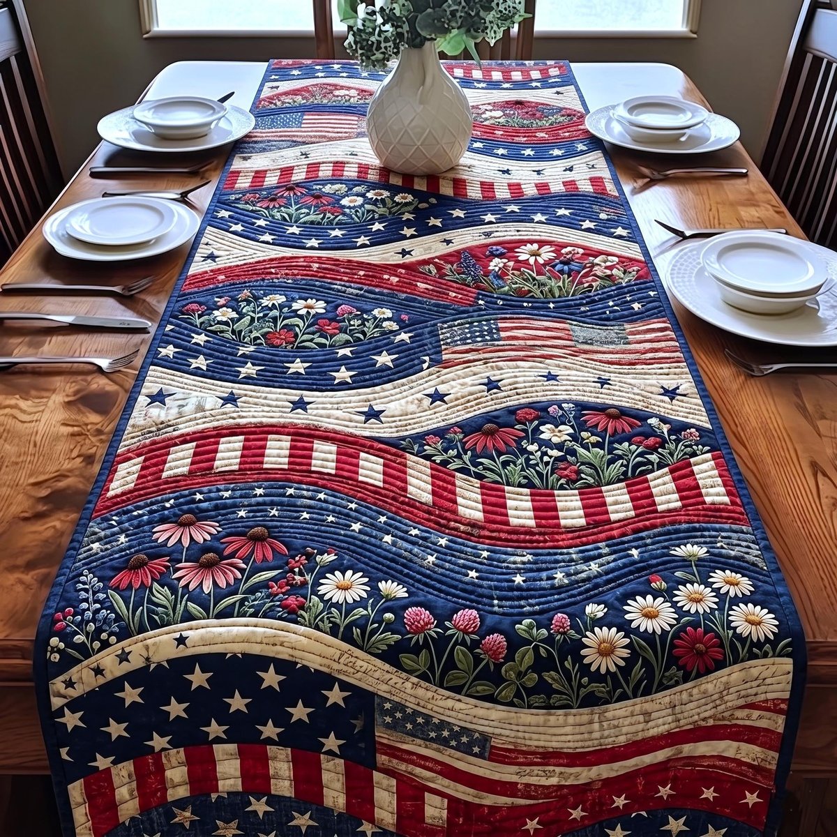 Rippling Flag with Blue Daisies Table Runner - Made to Order TABLE928