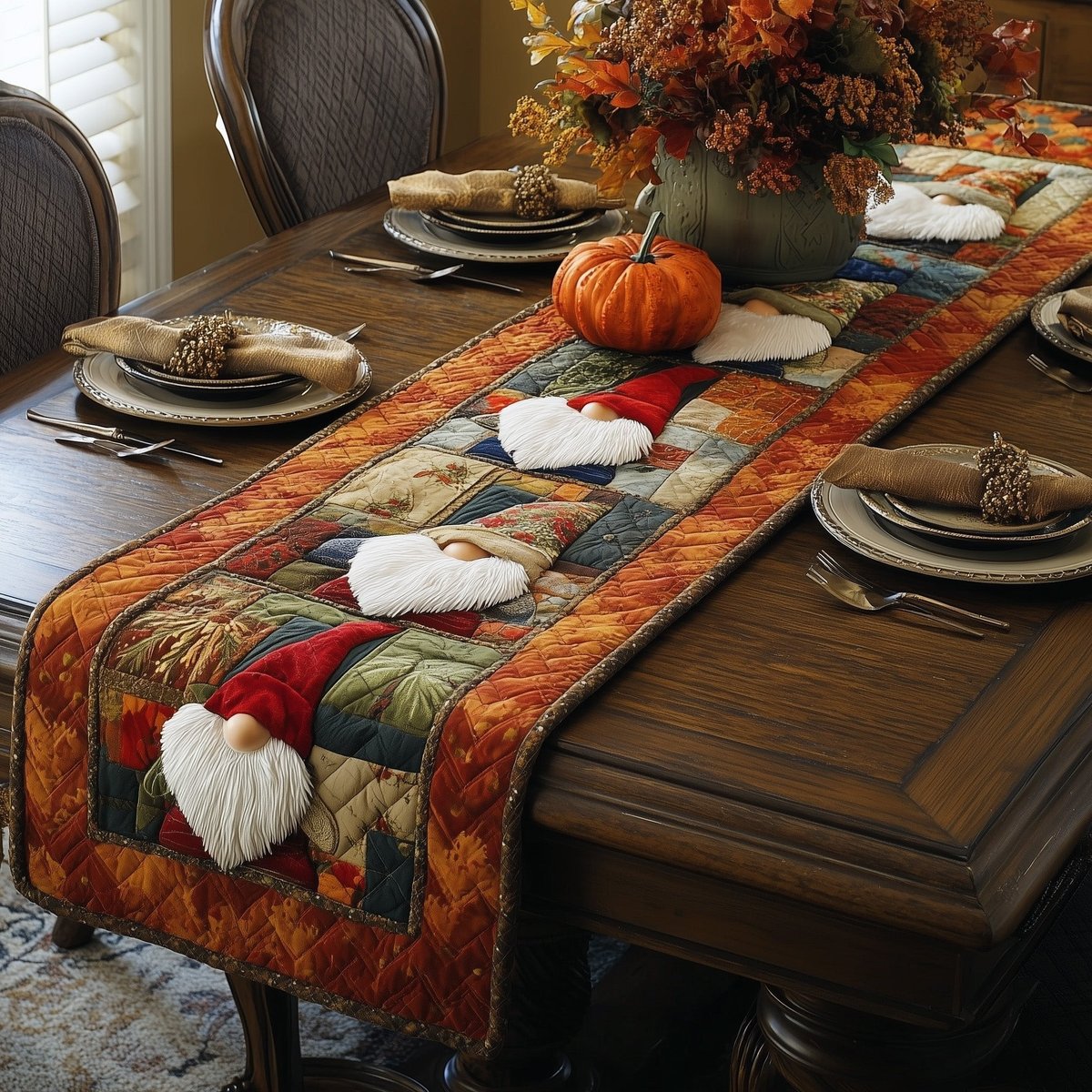 Red Hat Gnome with Autumn Pumpkins Table Runner - Made to Order TABLE928