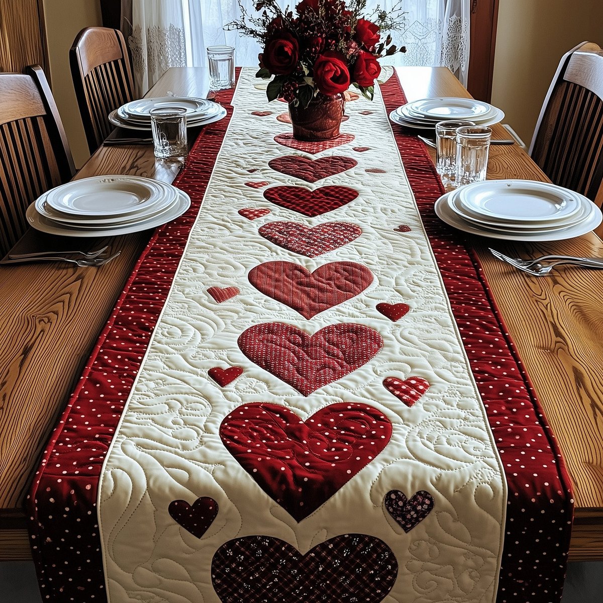 Red Hearts on Cream with Red Border Table Runner - Made to Order TABLE928