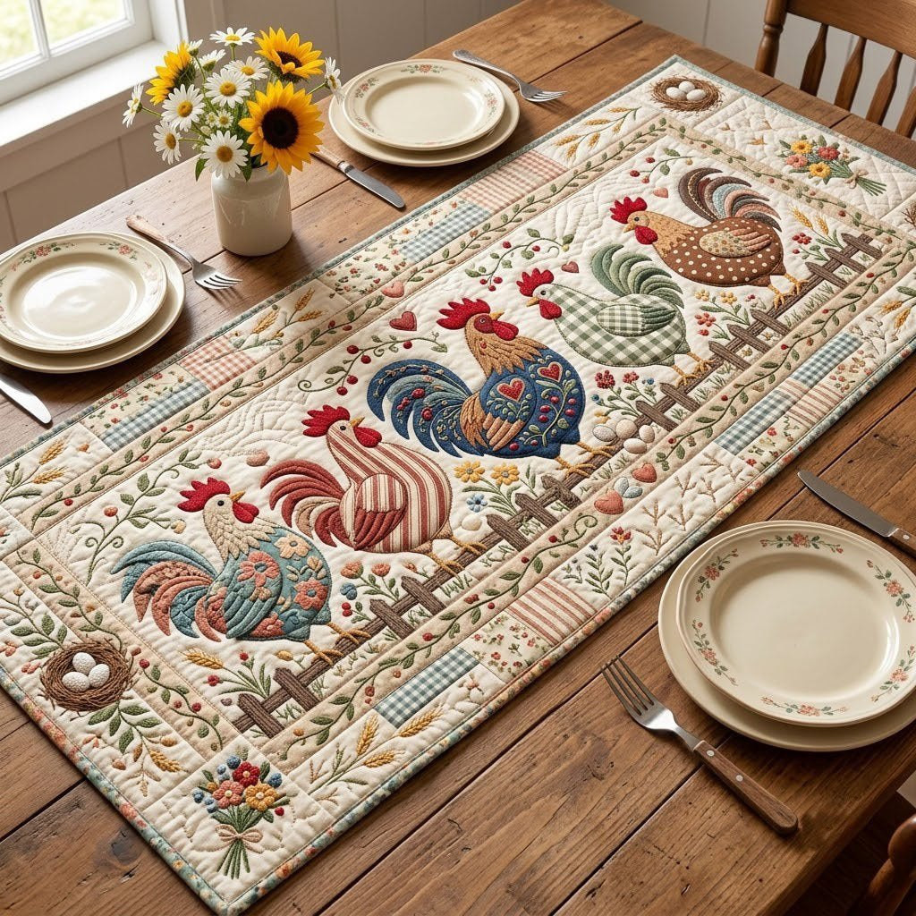 Rooster with Hens on Cream Blocks Table Runner - Made to Order TABLE928