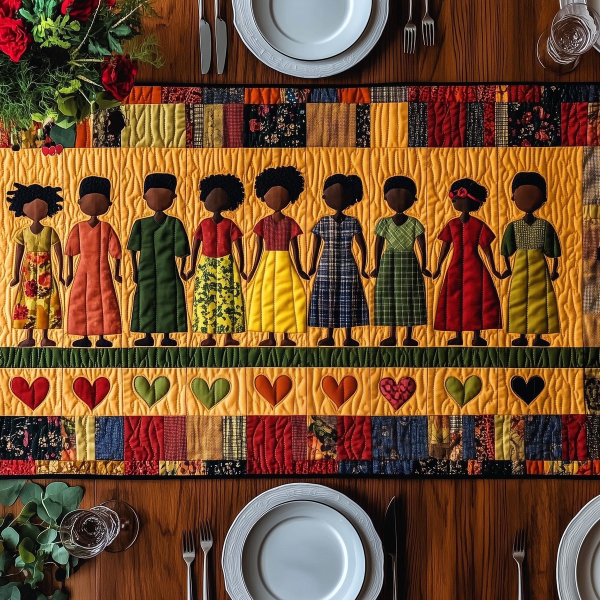 Row of Figures with Hearts Below Table Runner - Made to Order TABLE928