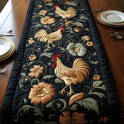 Rooster with Cream Blooms on Dark Table Runner - Made to Order TABLE928