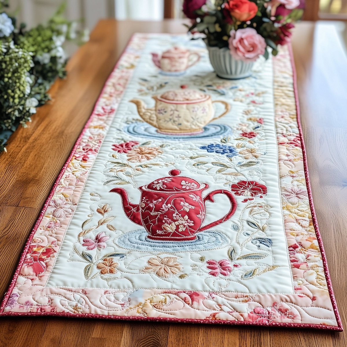 Red Teapot on Pale Blue Table Runner - Made to Order TABLE928