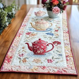 Red Teapot on Pale Blue Table Runner - Made to Order TABLE928