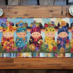 Row of Folk Cows with Flowers Table Runner - Made to Order TABLE928