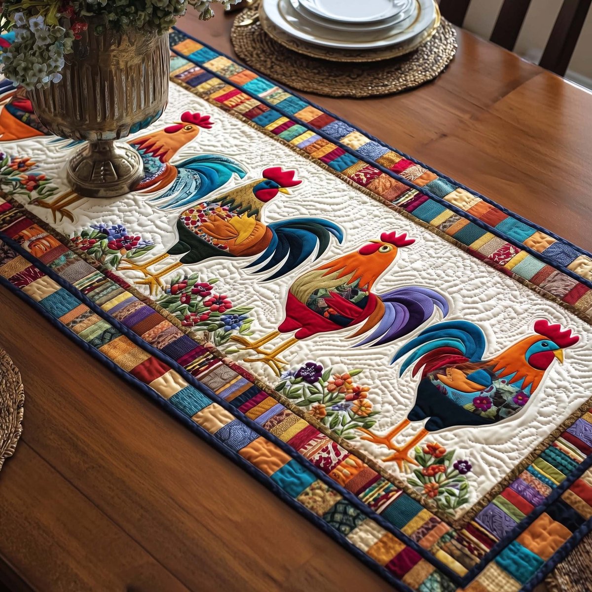 Roosters Among Garden Flowers Table Runner - Made to Order TABLE928