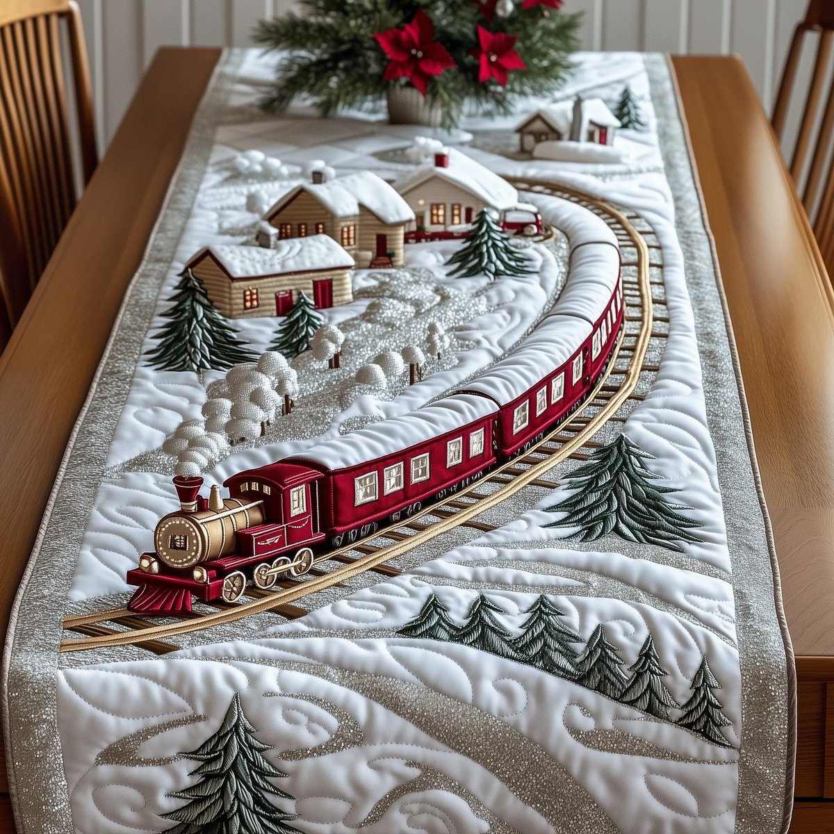 Red Train on a Winding Snow Track Table Runner - Made to Order TABLE928