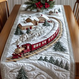 Red Train on a Winding Snow Track Table Runner - Made to Order TABLE928