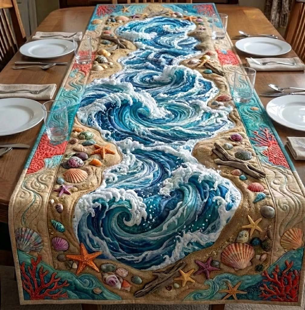 Rolling Waves with Shells and Starfish Table Runner - Made to Order TABLE928