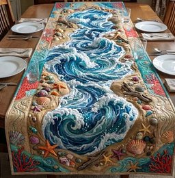 Rolling Waves with Shells and Starfish Table Runner - Made to Order TABLE928