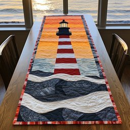 Red Striped Lighthouse Over Waves Table Runner - Made to Order TABLE928