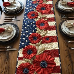 Red Flowers on Flag Background Table Runner - Made to Order TABLE928