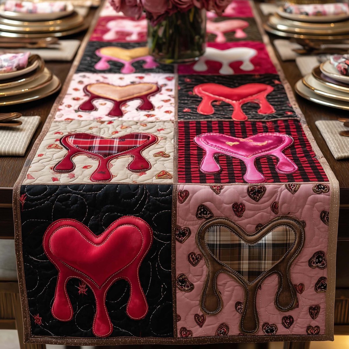 Red Bows and Hearts on Plaid Table Runner - Made to Order TABLE928
